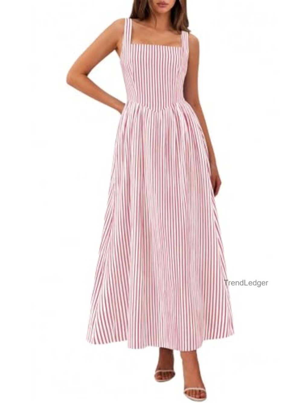PRETTYGARDEN Women's Striped Maxi Dress Square Neck Sleeveless A-Line Sundress